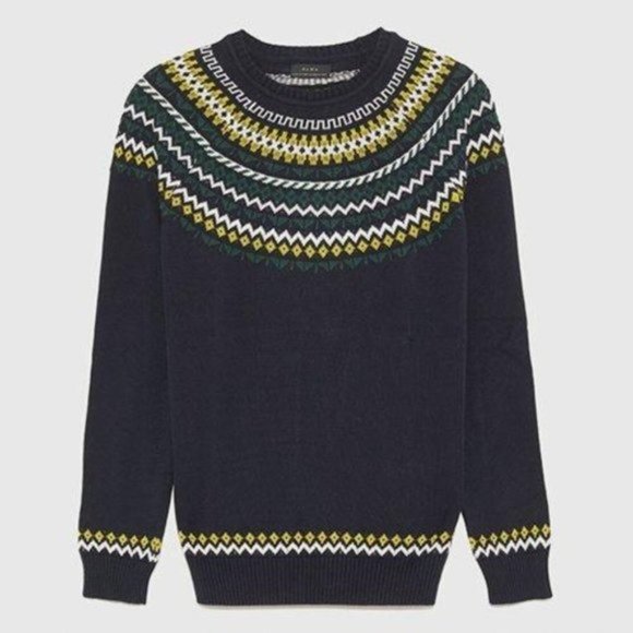 Zara Sweaters - ZARA Navy Blue Jacquard Knit Raglan Sweater Sz L